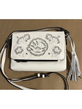 Patricia Nash White Embroidered Crossbody Bag Tassel Adjustable Strap Floral